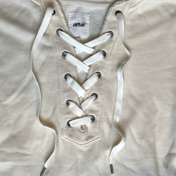 Aerie Oversized Lace Up Crew Sweatshirt in color Cream, size Large - Picture 10 of 15